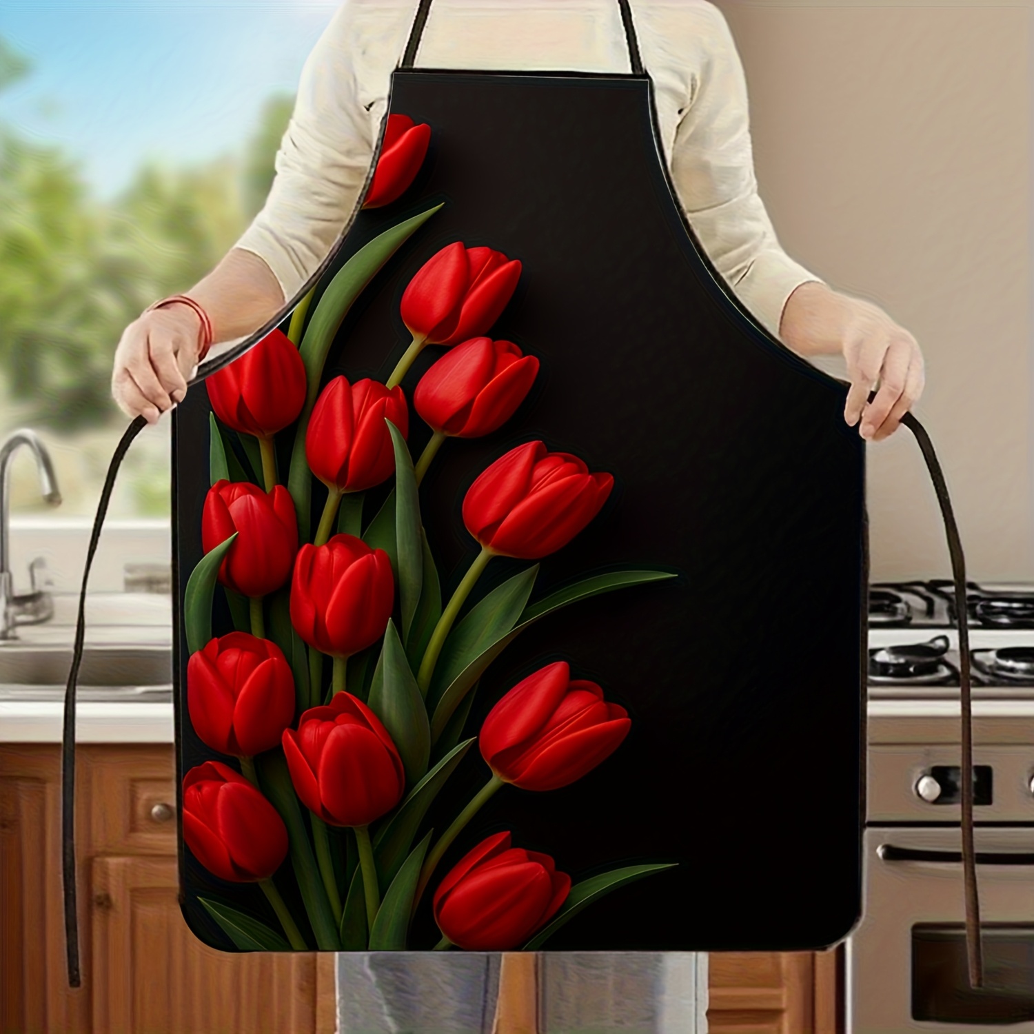 Kitchen Baking Background - مريلة مطبخ بتصميم زهرة التوليب الحمراء