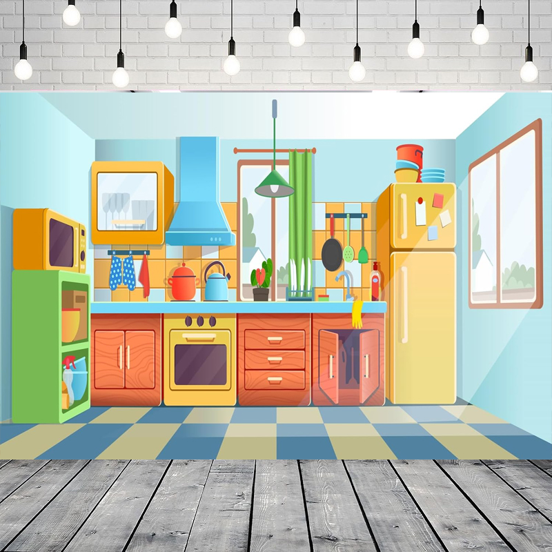 Kitchen Baking Background - خلفية تصوير للأطفال بتصميم كرتوني للمطبخ،